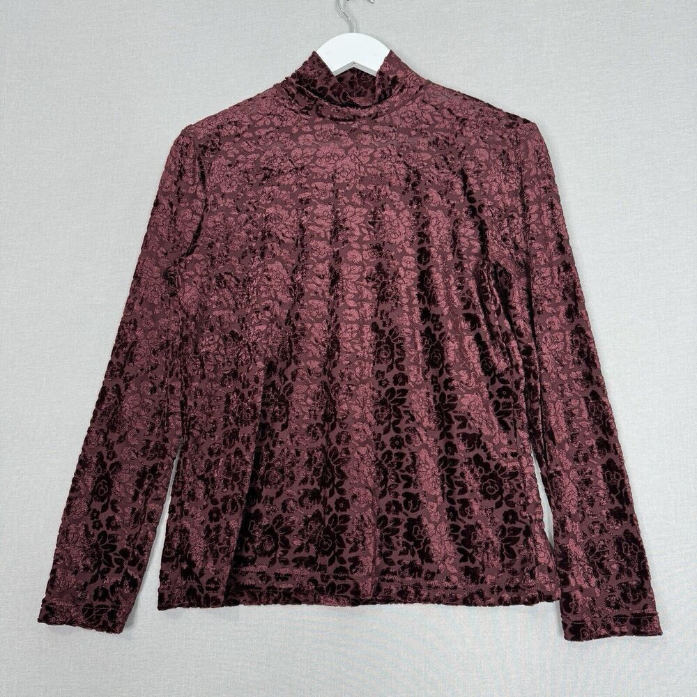 Vintage CW Womens Top Medium Burgundy Floral Velvet Burnout Mock Neck Grunge Y2K